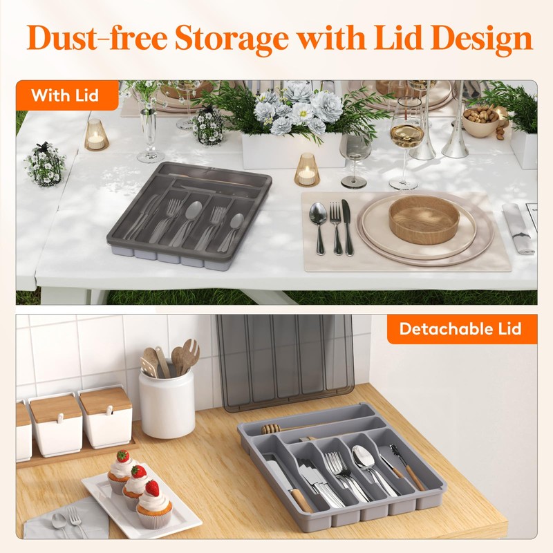 Lifewit Silverware Organizer with Lid, Covered Utensil Tray for Kitchen