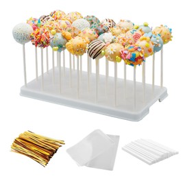 28 Holes Cake Pop Stand for Cake Pops, Lollipop Hold Stand, Cake Pop Display Holder, Candy Pop Holder with 100 Pcs Cake Pop Sticks, 100 Pcs Cake Pop Bags, 100 Pcs Gold Twist Ties(White)