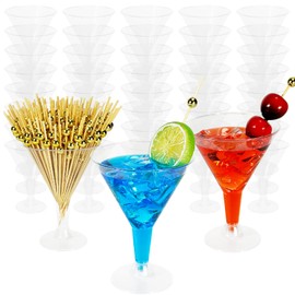 Gabaro Gabaro 50 Pack Plastic Martini Glasses with 100 Cocktail sticks, 6.5oz Disposable Cocktail Glasses, Reusable Dessert Cups Clear Stemmed Shot Glasses for Party Wine, Champagne, Margarita and Appetizers