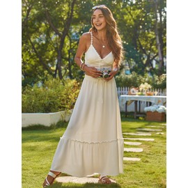 Bluetime Women Flowy Long Skirt Summer Pleated Elastic High Waisted Casual Tiered Maxi Skirt (M, White)