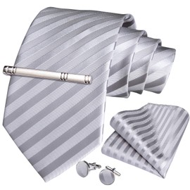 DiBanGu - Corbata de seda para hombre, color sólido, corbata y bolsillo cuadrados, corbata de gemelos para hombres, bodas, fiestas, 04 Plata, Talla única