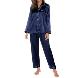 Mchodare Womens Silk Satin Pajamas Set, Button Down Pajama Set, Long Sleeve 2 Piece Loungewear Sets Sleepwear with Elastic Waist Long Pants Navy Blue