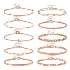 GUJOXILA Women's Stainless Steel Bracelet Set of 10 Adjustable Twist Figaro Cross Bracelet Silver Rose Gold Chain Bracelets Charm for Women with 5 cm Extension Chain, 23 inches, Stainless Steel