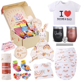 Baby Shower Gifts for Mom: 16pcs New Mom Gifts Set After Birth Pregnancy Gender Reveal Gifts for Mom to Be with Tumblers Wrist Rattles Swaddle Newborn Essential