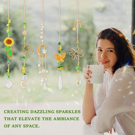 5 Pack Crystal Suncatcher Prism Hanging Kit with Leaves Flowers Moon, Sun Catchers Rainbow Maker with White Yellow Green Crystal Balls Pendants Ornaments for Indoor Window Outdoor Garden Patio Deco