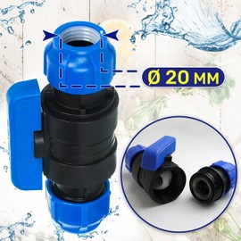 Clamp Connector with Ball Valve Diameter 20 mm Polypropylene Polypropylene Fitting for Connecting Polyethylene PE Pipe MONTERAL