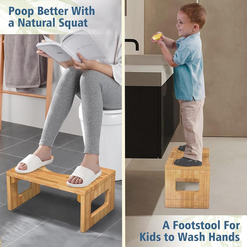 KingPavonini Bamboo Toilet Stool Squat 7in & 9in Adjustable Heights,