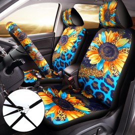 Frienda 13 Pcs Sunflower Leopard Print Car Seat Covers Full Set for Women Men Print Car Accessories Set Rubber Steering Wheel Cover Car Armrest Pad Cover Seat Belt Pads Wrist Holder Keychain