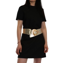 FASHIONGEN - Women's wide genuine leather belt with a round cross buckle SOLAINE - Golden, XL-XXL