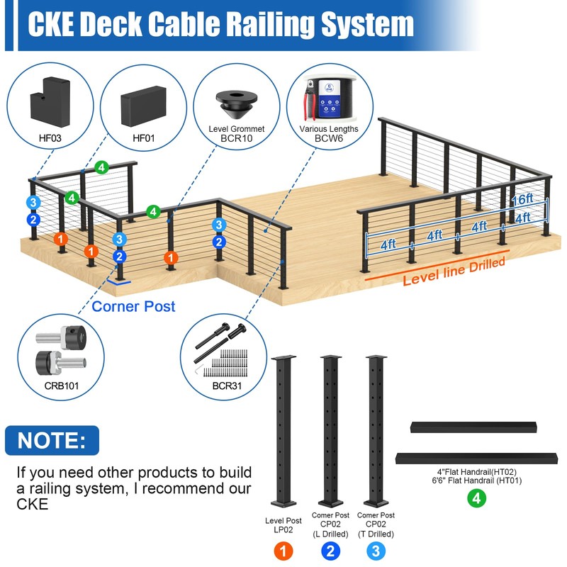 CKE T-Drilled Corner Post Cable Railing, Three Sides T-Drilled 42"