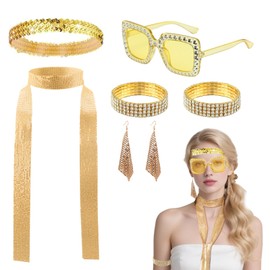 SAIIURV Pack of 7 1970s Disco Accessories, Glitter Hair Bands Earrings Scarf Rhinestone Sunglasses Bracelet Disco Accessories 70s 80s Outfit Women for Carnival Costume (Gold)