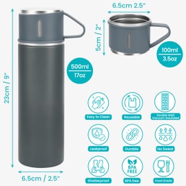 Belle Vous Grey Stainless Steel Thermos Flask with Lid and 2 Cups - 500 ml Double-Walled Thermos Flask with Cup - Leak-proof Thermos Bottle for Hot and Cold Drinks