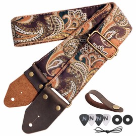 Nefelibata Guitar Strap,Crazy Horse Leather Jacquard Embroidery Cotton Guitar Straps for Bass, Electric & Acoustic, Best Gifts for Guitarists(Golden Silk Brown Flower)