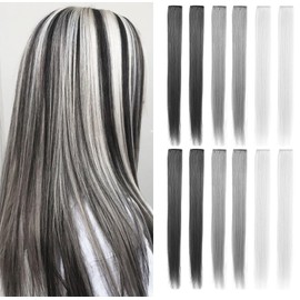 SHKJCHP 12 Pcs Straight Three Color Party Highlights Clip on in Hair Extensions Colored Hair Streak Synthetic Hairpieces (Silver grey,Grey,Dark gray)