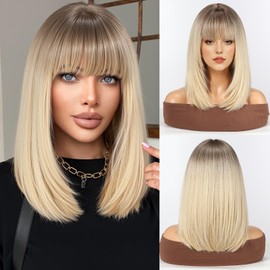 WOKESTAR Staright Wig with Fringe Synthetic Mid-length Layered Wigs for Women Blonde Color