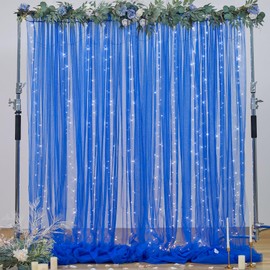 Royal Blue Backdrop Curtains with Lights String for Parites Wedding 10×8ft Sheer Tulle Backdrop Curtain for Graduation Ceremony Baby Shower Birthday Party Prom Photo Shoot Background Decorations