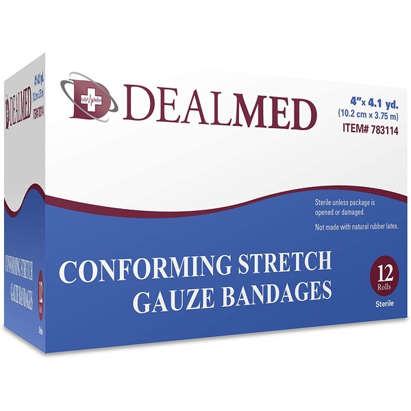 Dealmed 4" Sterile Conforming Stretch Gauze Bandages, 4.1 Yards Stretched, 12 Rolls