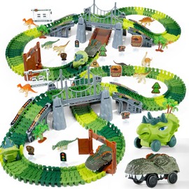Dinosaur Toys, Dinosaur Race Track for Kids 3-5, Flexible Train Track Playset with Dinos & Cars, Toddler Toys for Ages 3 4 5 6 7 8 9 Year Old Boys Girls, Party Favor Birthday Gift