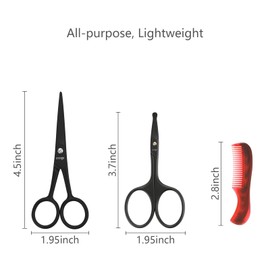 LIVINGO Sharp 4.5" Mustache Scissors, 3.5" Round Tip Nose Hair Scissors, Small Comb with Leather Pouch, Stainless Steel Grooming Facial Scissors Kit, Black