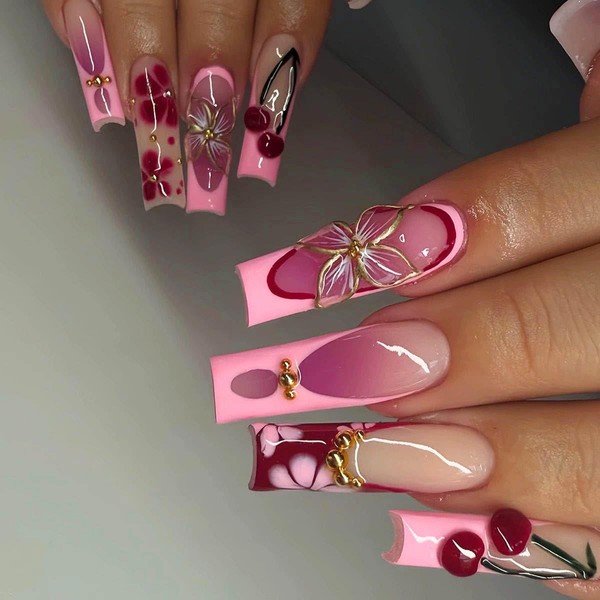 Gleamrain Red Long Square Press on Nails with French Tip