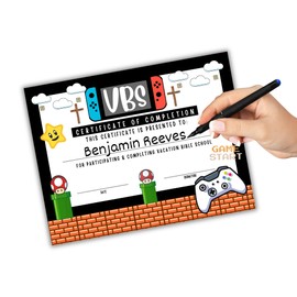 VBS Vacation Bible School Certificate of Completion | 50 pk 8.5x11” Attendance Award for Kids Video Game Gamer Themed School Participation