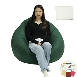 Tusrai Removable Bean Bag Chair Cover with Liner (No Filler) Heavy Weight Extremely Soft Stretch Microfiber Suede Size 3ft for Adults Indoor Bean Bag Cover Pear Style Large - Dark Green