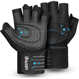 ihuan Ventilated Weight Lifting Gym Workout Gloves Full Finger with Wrist Wrap Support for Men & Women, Full Palm Protection, for Weightlifting, Training, Fitness, Hanging, Pull ups
