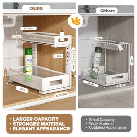 1 Pack 17IN Depth Under Sink Storage Organizer, Large 2-Tier Elegant Mesh Pull Out Shelf for Kitchen and Bathroom Cabinet Organization, L-Shaped and Adjustable Height Design-White