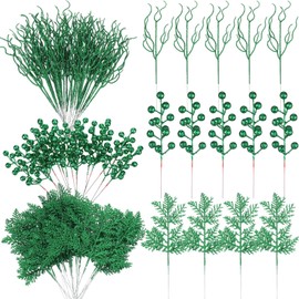 Craftsatin 75 Pcs Christmas Glitter Branches 3 Styles Artificial Christmas Picks Berries Stems Pine Needles Floral Twig Spray for Xmas Tree Ornaments DIY Wreath Garland(Green)
