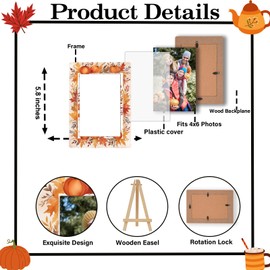 HJLLOQR Fall Pumpkin Picture Frames, Autumn Maple Leaf Wooden 4x6 Photo Frame with Easel, Thanksgiving Gifts for Home Office Tabletop Display Decorations - D07