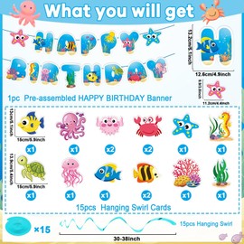Under The Sea Party Decorations Ocean Happy Birthday Party Banner Sea Animals Life Hanging Swirls Streamer for Back to School Creatures Beach Birthday Party Classroom Nursery Supplies