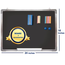 Chalkboard Set - Framed Black Board 24 x 18 inch with 1 Magnetic Eraser, 14 Chalk Sticks (7 Colors) and 2 Magnets - Small Wall Hanging Blackboard with Frame for Home, Kitchen and Kids (24x18")