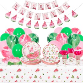 182pcs Watermelon Happy Party Supplies Serve 24, Includes Watermelon Plates, Cups, Napkin, Banner, Watermelon Tableware Set Party Decorations, Perfect for Birthday Parties, Summer Fruit Themed Party