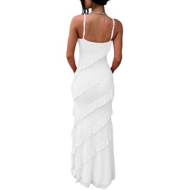 HOCILLE Women's Sexy V Neck Backless Bodycon Spaghetti Strap Elegant Ruffle Maxi Cocktail Party Dresses, Large, White