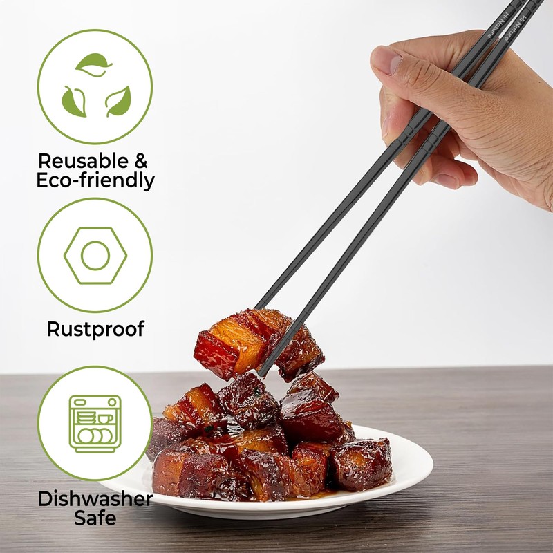 HI NATURE Chopsticks Set, Stainless Steel, Reusable, Non-Slip Metal Chopsticks,