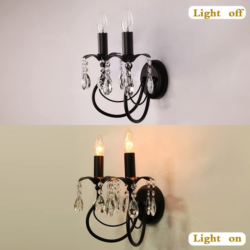 Crystal Wall Sconce,2- Lights Vintage Candle Wall Sconces,Black Wall Lamp,