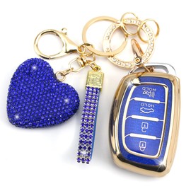 YIKECASE Key Fob Cover with Diamond Keychain Car Key Holder Case Compatible with Hyundai Elantra Ioniq Sonata Tucson Elantra GT Smart Remote Key Protector for Women, 4 Buttons (Blue-Heart)