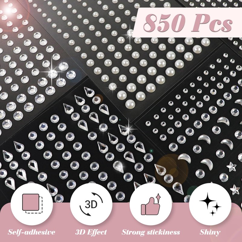 Soodyoow 850 Pcs Face Gems, 5 Sheets Gem Stickers, Rhinestones