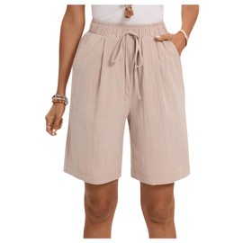 MakeMeChic Women's Elastic Waist Knot Front Straight Leg Slant Pockets Shorts Bottom Khaki X-Large
