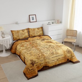 Feelyou Nautical Island Map Soft Comforter Set Kids Vintage Old Map Pirate Ship Bedding Set Ocean Ancient Pirate Skull Quilt Set Decor Bedroom Collection 3Pcs Queen Size