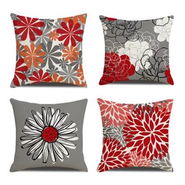 Cushion Covers,Cushion Covers 45 x 45 set of 4 Floral Decorative Square Pillow Cushion Cover Red Modern Daisy Pillow Cover Grey Decorative Floral Pillow Cover for Outdoor Home Sofa Bedroom Decor