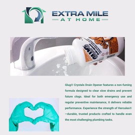 "Extra Mile at Home Drain Cleaning Kit – Includes 20 oz Hercules Glug Crystals with High-Quality PVC Chemical-Resistant Gloves for Safe and Effective Unclogging of Sinks, Tubs, and Drains"