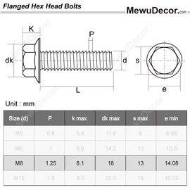 MewuDecor M8-1.25 x 25mm Flanged Screws Flange Hex Bolts, Stainless Steel 18-8 (304), Plain Finish, DIN 6921, 25 PCS