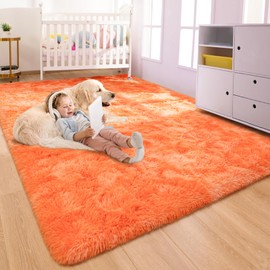 Rtizon Fluffy Rugs for Girls Bedroom, 4x6 Feet Soft Shaggy Orange Area Rug for Kids Playroom Living Room Dorm, Kawaii Tie-Dye Princess Rug for Baby Toddler Nursery