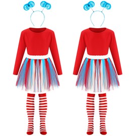 Vinsatin 6 Pcs Costume Set for Kids, Include Tulle Tutu Skirt Striped Knee Long Socks Shirt Blue Headband (Red and Blue,10-12 Age)