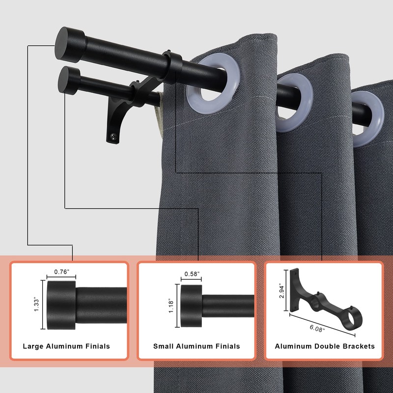 Lwiiom Double Curtain Rods with Aluminum End Cap and Full
