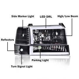 CHEDA LED DRL Headlights, Compatible with 1992 1993 1994 1995 1996 Ford Bronco F150/ 92-97 F250 F350 Super Duty Headlights w/Corner Signal Bumper Lamps 6pc(Clear lens Black Housing Clear Reflector)