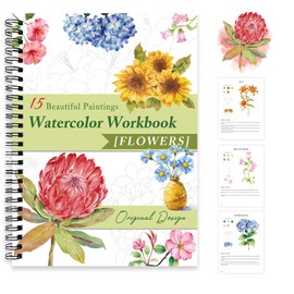 Watercolor Workbooks for Adults Beginners & Teens, 8 x 11 Inch Oversized, 15 Beautiful Paintings, Pre-Outlined Designs, Easy Watercolor Art Book（Without Palette, Flowers）