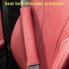 2PCS Car Seat Belt Cover， Perforated Red Leather，Breathable Leather Soft Harness Pad Protect Neck and Shoulder Universal for Car, SUV (20 in)