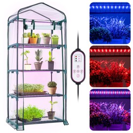 Meonum Indoor Greenhouse with LED Grow Lights, 4 Tier Mini Greenhouse with Roll-Up Zipper PVC Waterproof Cover and Trays, Dimmable Plant Grow Light for Indoor Plant with Timer, 27 L X 19 W X 63 H